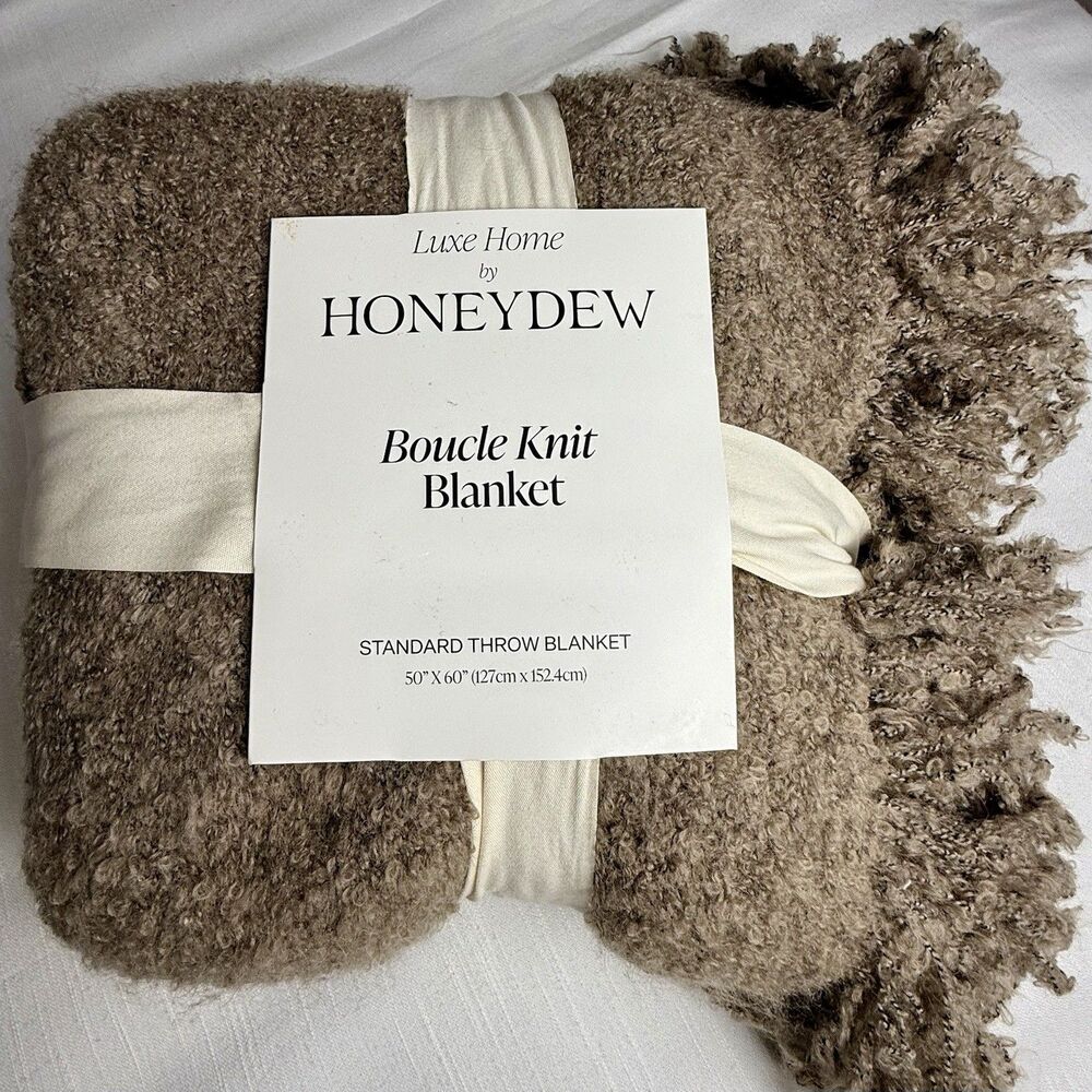 Luxe Home By Honeydew Boucle Knit Standard Throw Fringe Blanket Taupe 50”x60 New